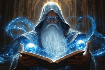 Mysterious old wizard with glowing blue eyes and flowing white beard casting magical spells from an ancient book inside a grand cathedral