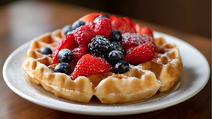 Fresh Waffle Topped with Berries and Syrup