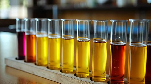 Test tubes filled with various colored liquids in a wooden rack