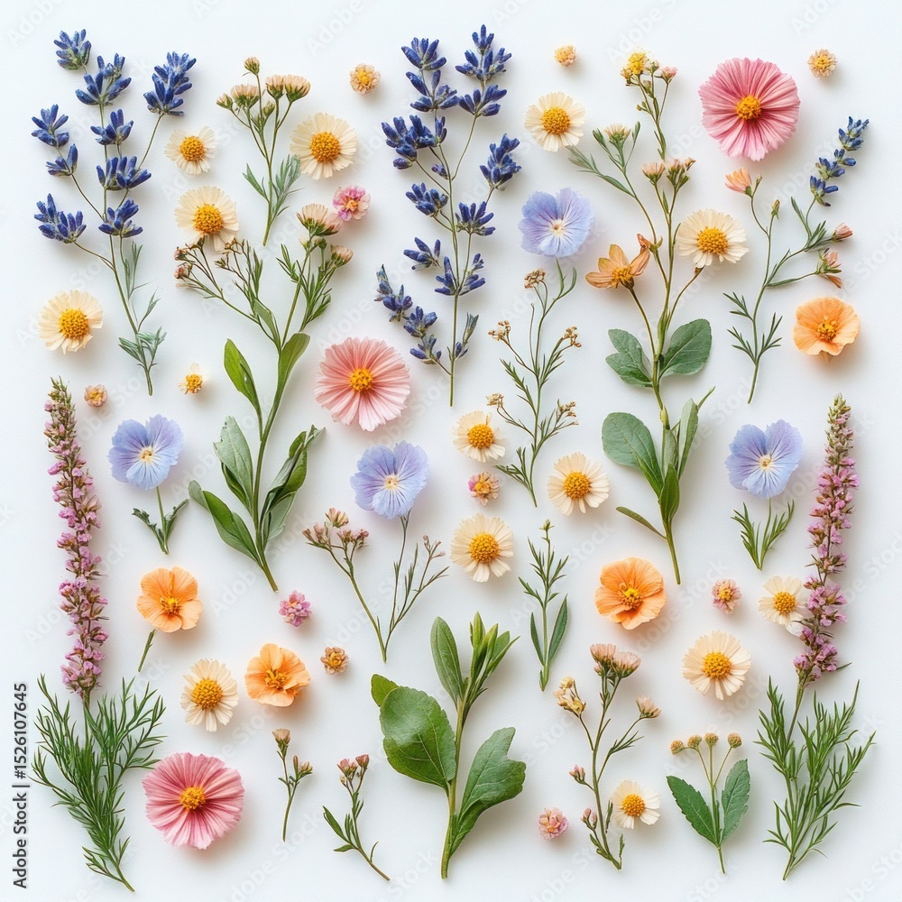 Poster flat lay of various colorful flowers and green leaves arranged neatly on a white background creating
