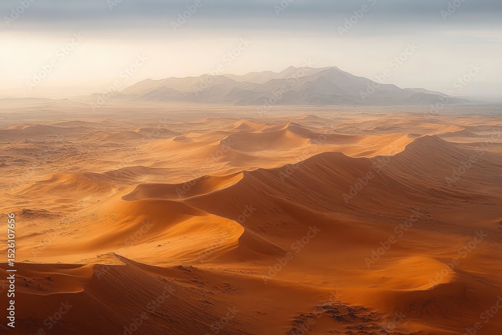 Poster expansive golden sand dunes under soft light with distant hazy mountains creating a serene and vast 