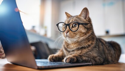 Focused Tabby Cat in Glasses Engrossed in Laptop Work on Social Media Vibrant Home Decor or Design Inspiration with a Touch of Whimsy
