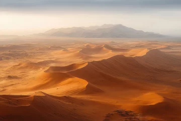 Selbstklebende Fototapeten Expansive golden sand dunes under soft light with distant hazy mountains creating a serene and vast desert landscape © btiger