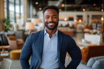 Fototapeta premium Smiling confident man wearing a navy blazer and white shirt standing with hands on hips in a modern well-lit office space