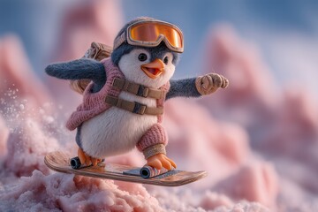 A quirky penguin in neon snowboard gear shredding down a mountain of ice cream, goggles glowing, absurd delicious background.