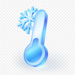 Glossy blue cold temperature 3d icon with a snowflake symbol, representing winter, freezing, or cool conditions. Isolated on transparent background. Vector Illustration.