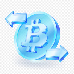 Bitcoin coin with left and right arrows. Icon material is blue transparent glass, conveying the transfer of value of the coin. For business, finance and investment, cryptocurrency trading. 3d vector.
