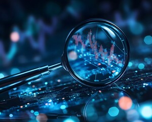 A close-up view of a magnifying glass focusing on digital analytics data, representing financial analysis and technological advancement in a modern business environment.