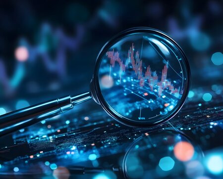 A close-up view of a magnifying glass focusing on digital analytics data, representing financial analysis and technological advancement in a modern business environment.
