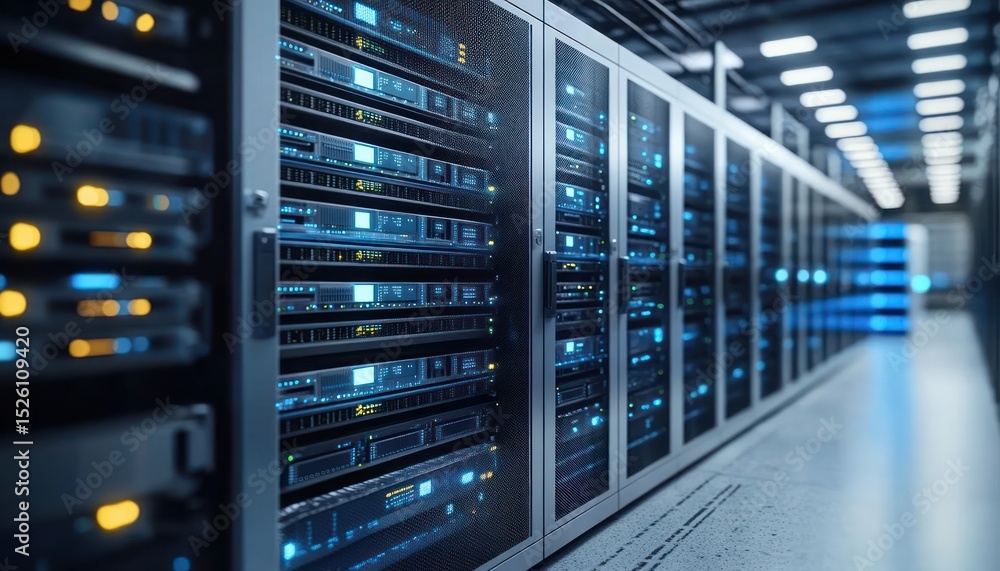 Poster interior view of a high-tech server room with rows of illuminated data servers and blue status light
