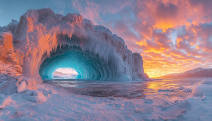 AI generator images of Ice Cave Captivating panorama of a winter wonderland, displaying soothing cascades of multicolored cobblestone waterfalls melting in the heart of the icy desert, with ashes