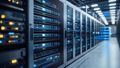 Interior view of a high-tech server room with rows of illuminated data servers and blue status lights creating a futuristic technology environment