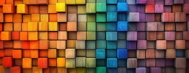 Close-up of a colorful gradient wall made of 3D wooden cubes arranged in a grid, showcasing vibrant shades transitioning from warm orange to cool blue and purple hues