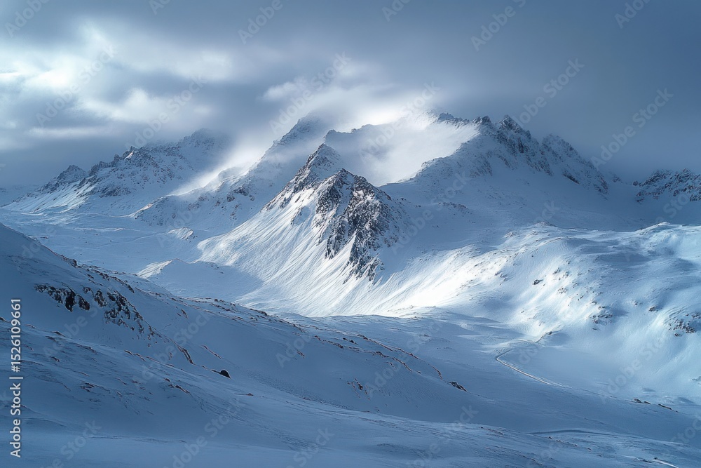 Poster snow-covered mountain range with rugged peaks partially shrouded in clouds under a moody sky