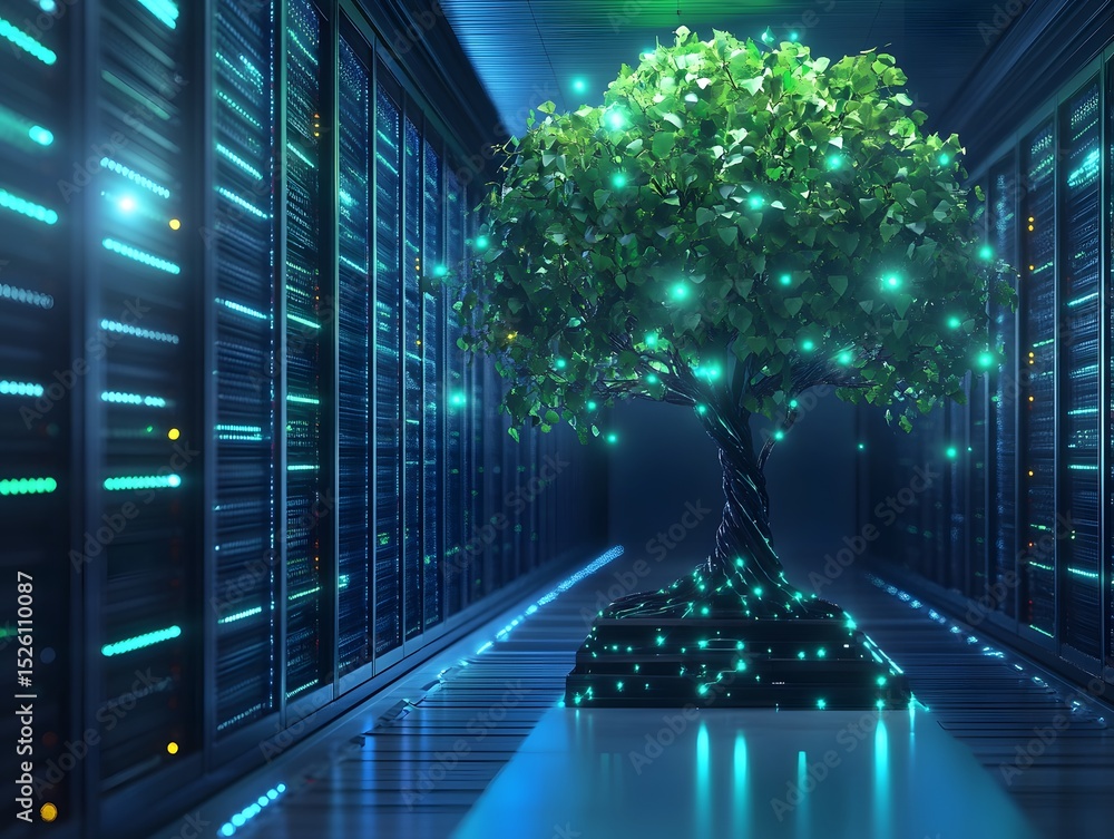 Poster a futuristic image showcasing a glowing tree in a data server environment, symbolizing the integrati