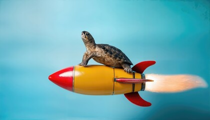 Cute Turtle Riding a Rocket in a Fantasy Studio Humorous Animal Concept with Vibrant Colors and Playful Textures, Evoking a Sense of Wonder and Amusement.