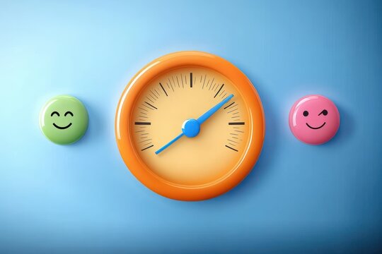 Orange round gauge meter with blue needles measuring between two round emoticon buttons showing happy and winking faces on blue background