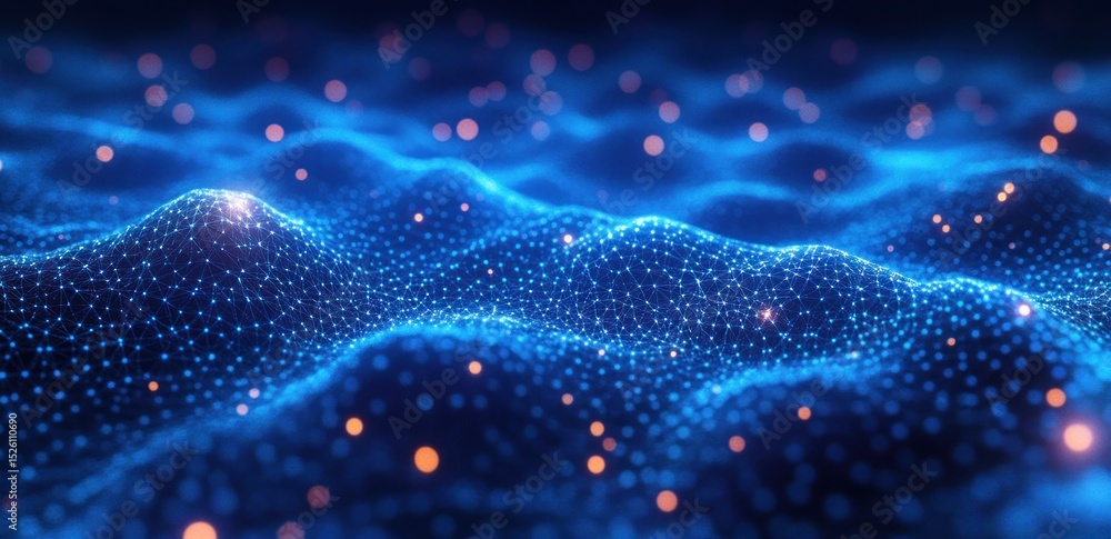 Poster abstract digital network mesh forming a glowing blue wave landscape with scattered orange light part