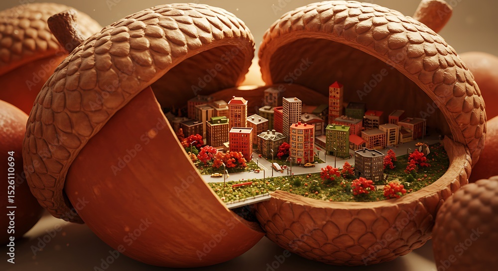Fototapete miniature cityscape hidden inside a giant acorn shell a whimsical 3d render