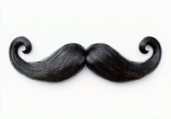 Curled black mustache with subtle brown highlights on a white background showing texture and shape