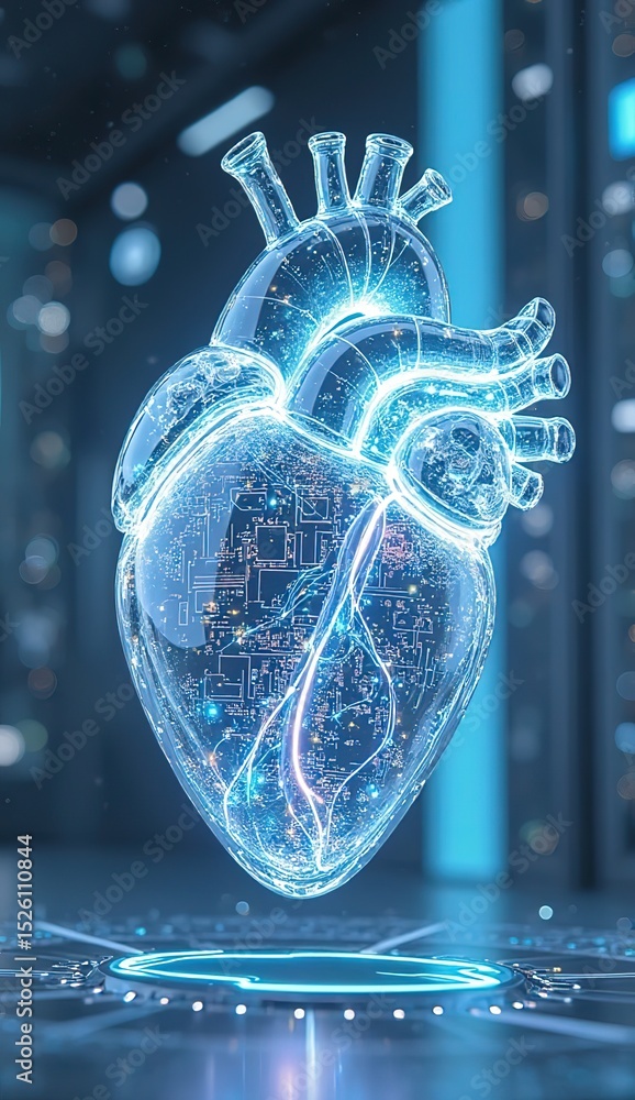 Poster a 3d render of a dna molecule and a microscope illustrating the blue glow of science and human techn