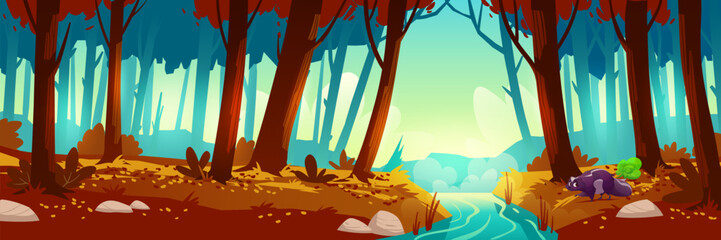 Autumn forest landscape with brown trees, orange leaves covering ground. Blue river flows through woods while black skunk releases green smelly cloud near water. Misty fall woodland background.