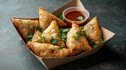 Crispy golden samosas arranged in a paper food tray, garnished with fresh herbs and served with a small cup of dipping sauce
