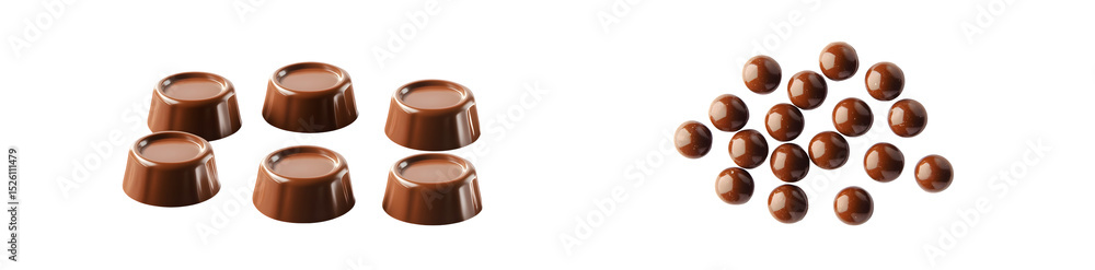 Poster set of round chocolate candies in different shapes. isolated on transparent background