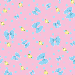 Florals and bows on pink background, seamless pattern design