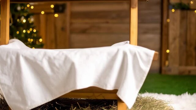 Rustic wooden manger with white cloth, hay, and Christmas tree lights, set against a warm wooden wall and green flooring.