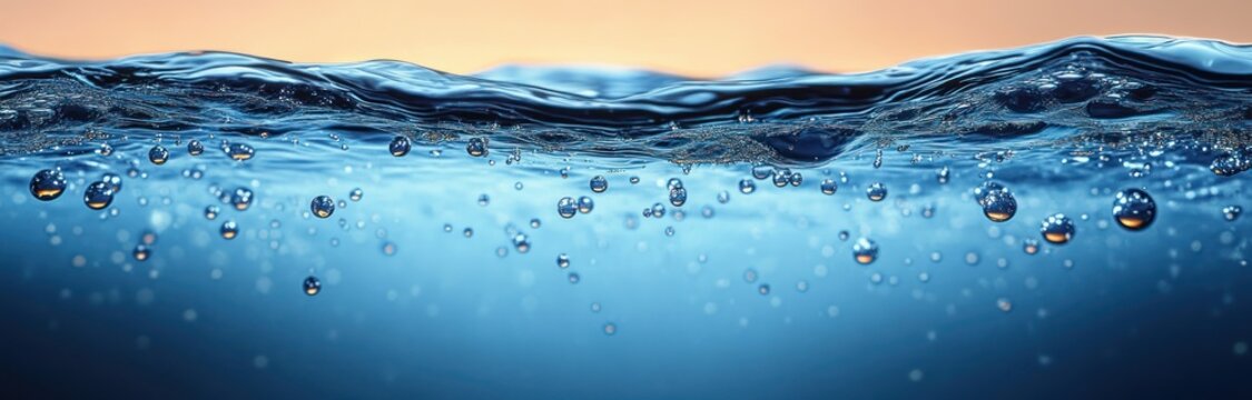 Close-up view of clear blue water surface with air bubbles rising and gentle waves under soft orange sky