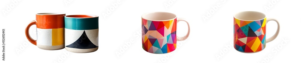Poster set of colorful mugs with geometric patterns. isolated on transparent background