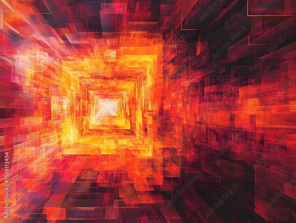 Poster a vibrant abstract graphic showcasing an illuminated tunnel of orange and red hues, creating a dynam