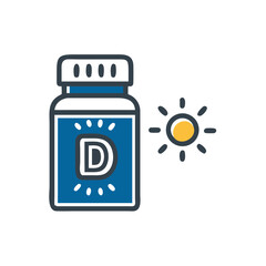 Naklejka premium Colorful icon of a vitamin D bottle with a sun, symbolizing health and dietary supplementation