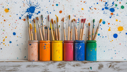 Obraz premium AI generator images of paint, paint cans and paint brushes and how to choose the perfect interior color ,Cans of colored Oil-based enamel, lacquer, shellac and varnish leftovers