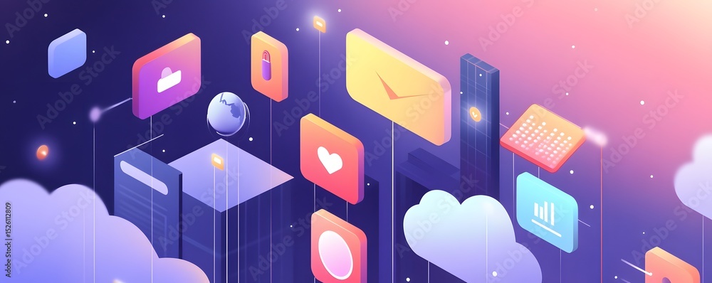 Poster a vibrant digital landscape showcasing various application icons floating in a colorful cloud enviro