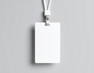 Empty layout layout on grey background. Common blank label name tag hanging on neck