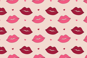 Seamless pattern with lips and hearts on a pink background. Vector illustration.