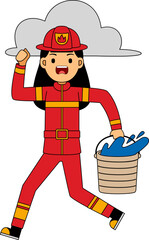Cartoon Illustration of Firefighter with Bucket of Water