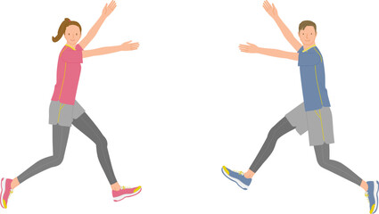 スポーツイメージ：両手を上げてジャンプする笑顔の若い男女セット