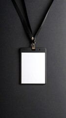 Empty layout layout on black background. Common blank label name tag hanging on neck 
