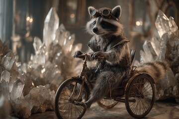 A quirky raccoon in bandit mask riding a tricycle through a heist of giant diamonds.