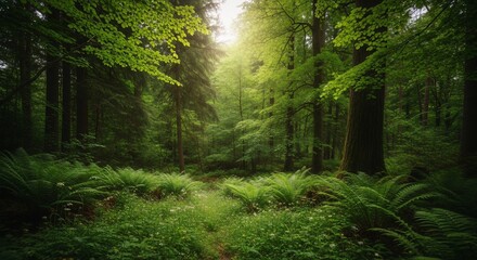 Fototapeta premium Lush Forest Path Illuminated by Sunlight, Surrounded by Ferns and Greenery