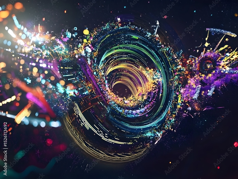 Poster an abstract representation of a colorful vortex, blending shapes and light trails. this vibrant digi