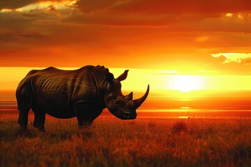 Fototapeta premium Silhouette of rhino at dramatic sunset over savanna.