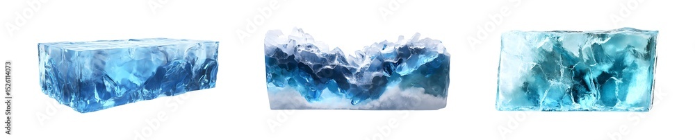 Poster set of blocks of translucent, textured ice. isolated on transparent background