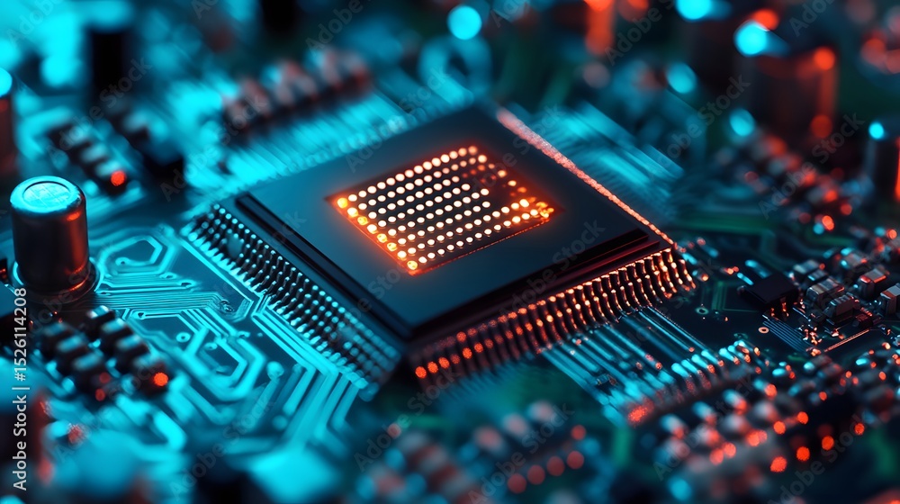 Poster close-up view of a computer chip on a circuit board with vibrant lighting, showcasing the intricate 