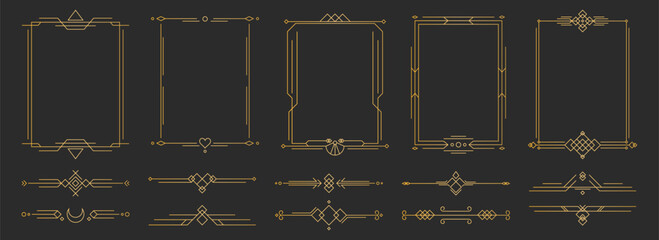 Art deco line divider frames collection - golden geometric borders with ornamental corners, vintage rectangular panels, luxury decorative elements for wedding invitations, retro certificate templates