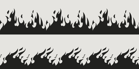 Fire border silhouette patterns - black flame shapes, burning edge design elements for hot graphics, decorative blaze strips with seamless repeat, danger warning symbols and inferno themed dividers.