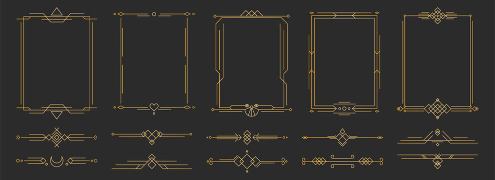 Art deco line divider frames collection - golden geometric borders with ornamental corners, vintage rectangular panels, luxury decorative elements for wedding invitations, retro certificate templates